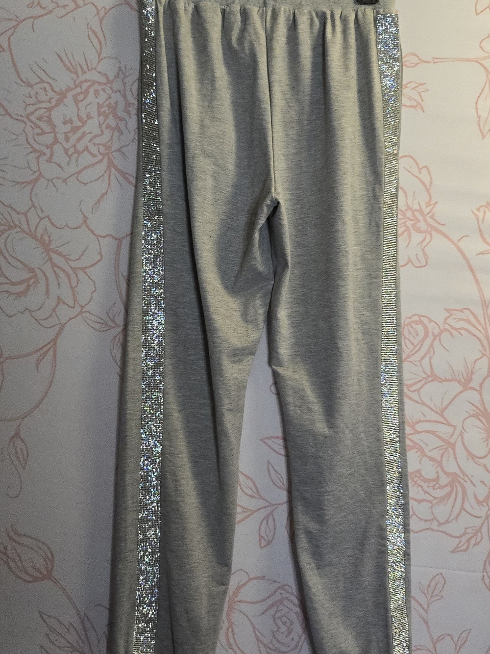 Gray Track Pants with Silver Sparkle Side Stripes